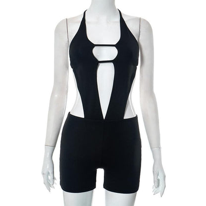Hollow out solid halter backless self tie romper