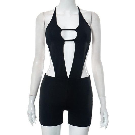 Hollow out solid halter backless self tie romper