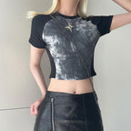 Patchwork short sleeve tie dye contrast star applique crop top