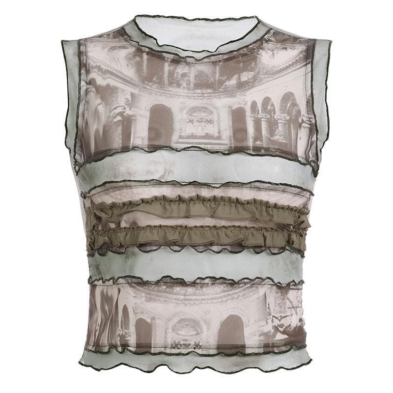 Top senza maniche a contrasto con volant a righe e patchwork in rete 