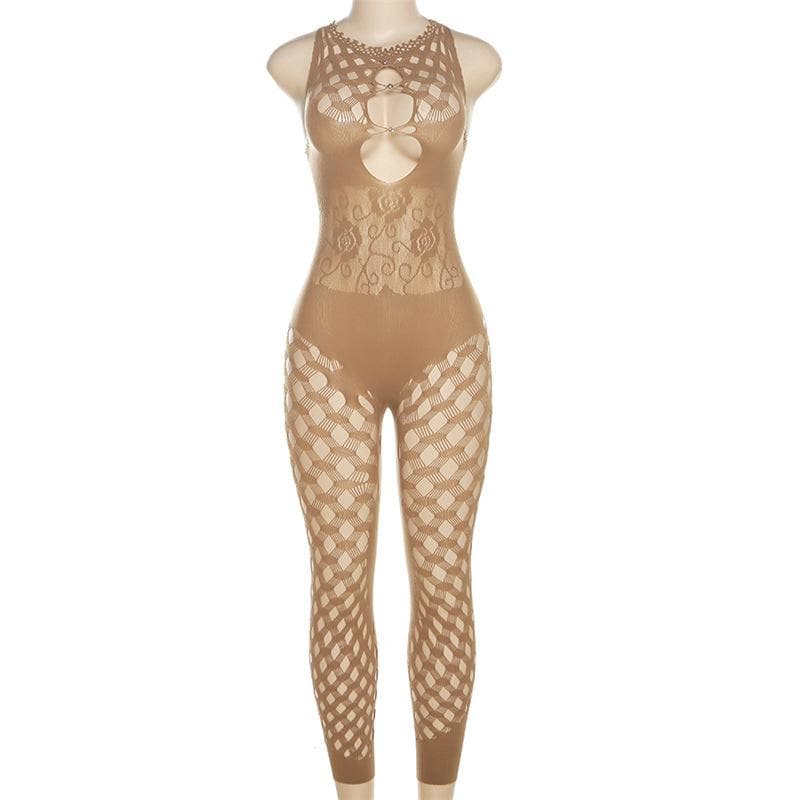 Ärmelloser, ausgehöhlter, durchsichtiger Jumpsuit aus Fischnetz 