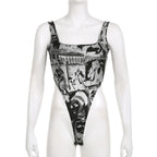 Square neck sleeveless hollow out abstract buckle bodysuit