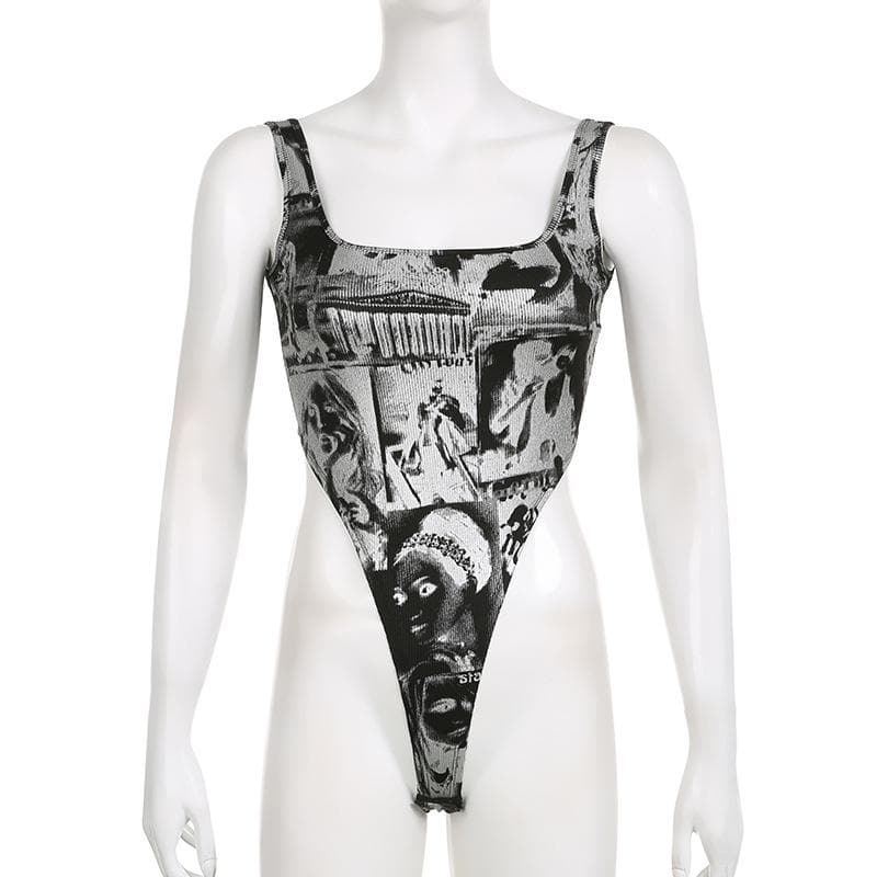 Square neck sleeveless hollow out abstract buckle bodysuit