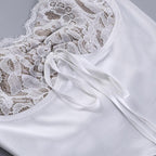 Lace patchwork smocked sleeveless self tie crop top
