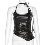 Self tie halter backless irregular PU leather square neck top