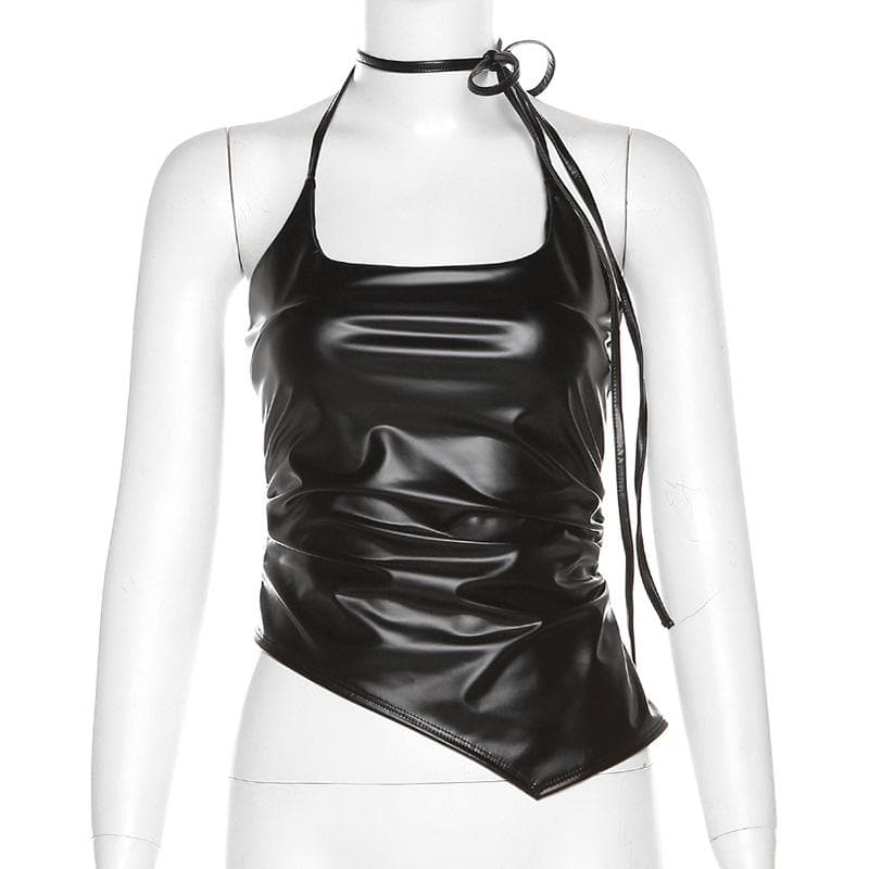 Top in similpelle con scollo quadrato irregolare, senza schienale e allacciatura all'americana