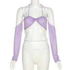 Crochet contrast off shoulder halter gloves ruched crop top