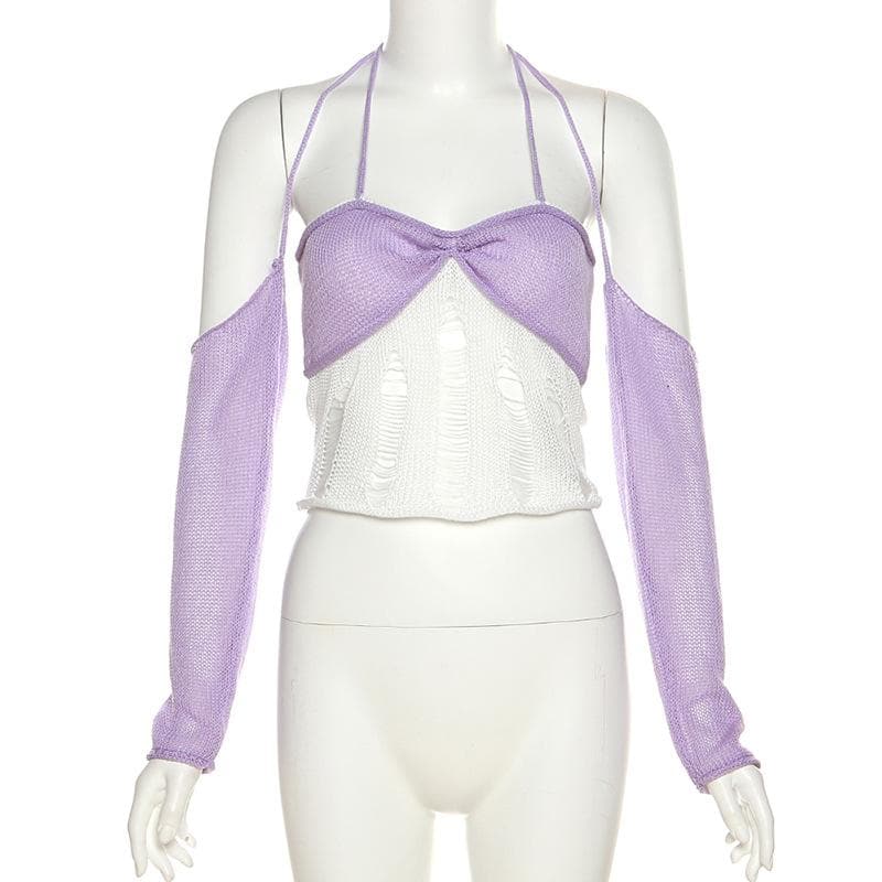 Crochet contrast off shoulder halter gloves ruched crop top