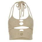 Halter solid hollow out fluffy backless crop top