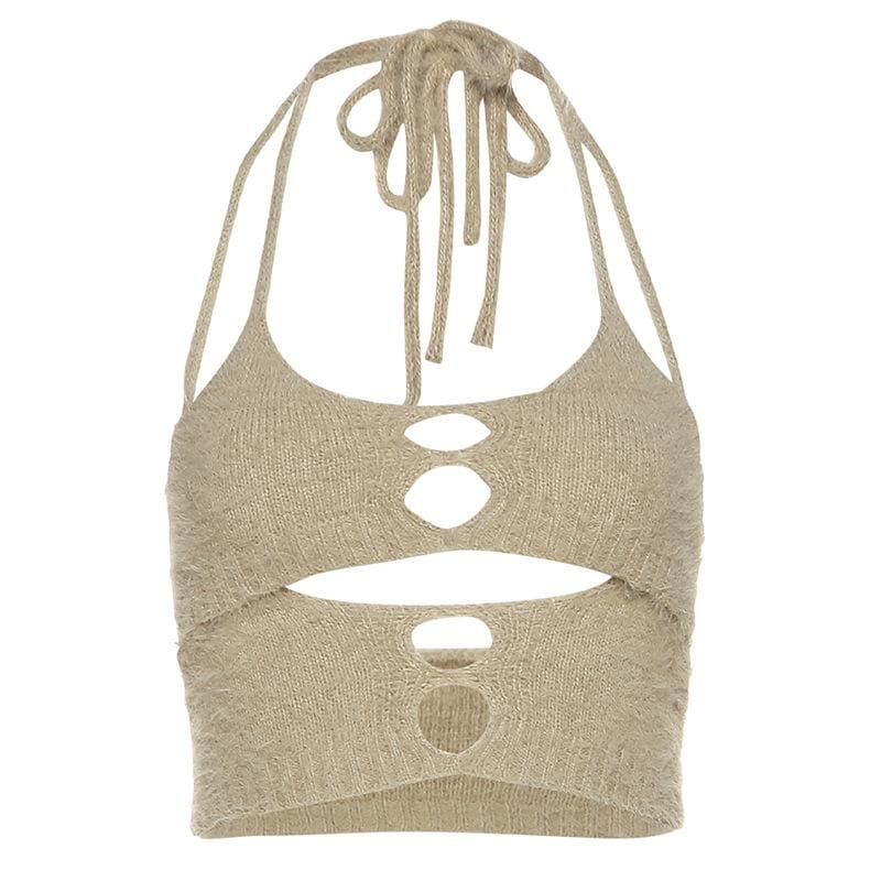 Halter solid hollow out fluffy backless crop top
