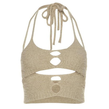 Neckholder-Crop-Top mit einfarbiger Aussparung und flauschigem Rückenausschnitt 
