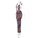 Backless hollow out halter self tie contrast print maxi dress