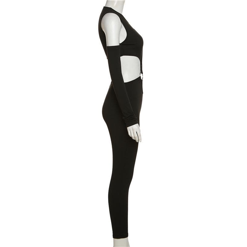 Einfarbiger Jumpsuit mit überkreuzten Ärmeln und ausgehöhlten Schultern und O-Ring 
