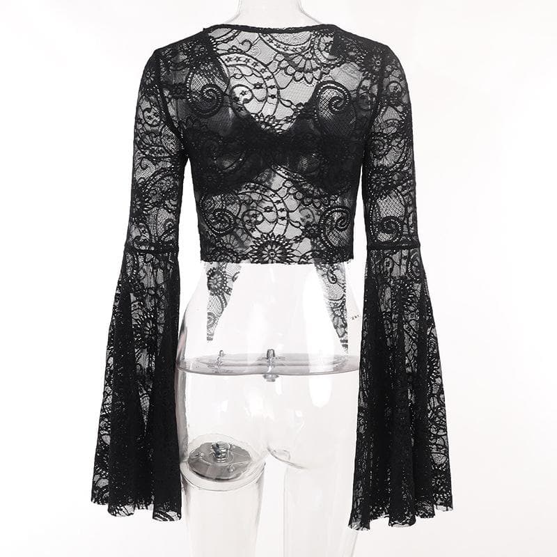 Einfarbiges Crop-Top mit ausgestellten Ärmeln, Spitzenschlitz und V-Ausschnitt 