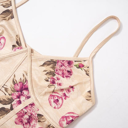 Flower print contrast corset slit backless cami maxi skirt set