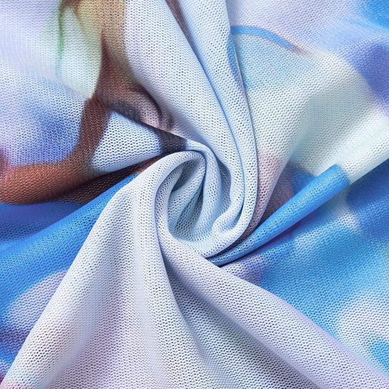 Sheer mesh see through abstract high neck sleeveless drawstring mini skirt set