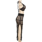 Crochet solid halter self tie see through slit midi skirt set