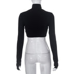Top corto patchwork con guanti a maniche lunghe e collo alto in rete