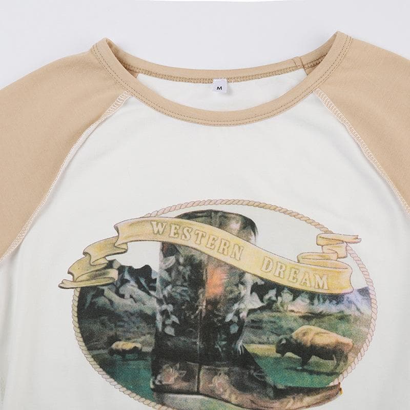 Stitch patchwork abstract contrast crewneck short sleeve crop top