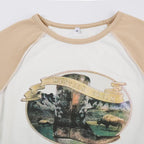 Stitch patchwork abstract contrast crewneck short sleeve crop top