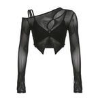 Irregular long sleeve hollow out mesh solid 2 piece crop top