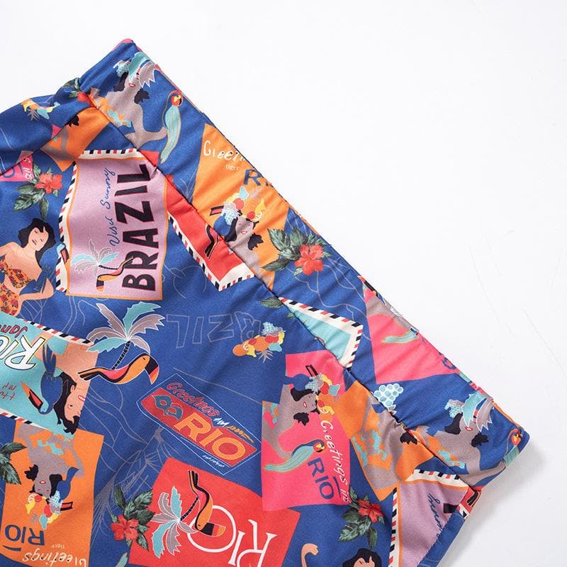 Abstract Print Mesh Short Sleeve Crewneck Contrast Mini Skirt Set