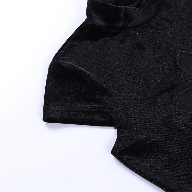 Cap sleeve mesh cross pattern velvet high neck solid top