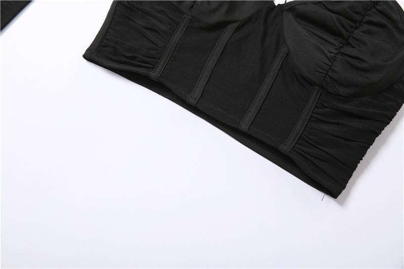 Mesh patchwork bustier gloves halter backless ruched crop top