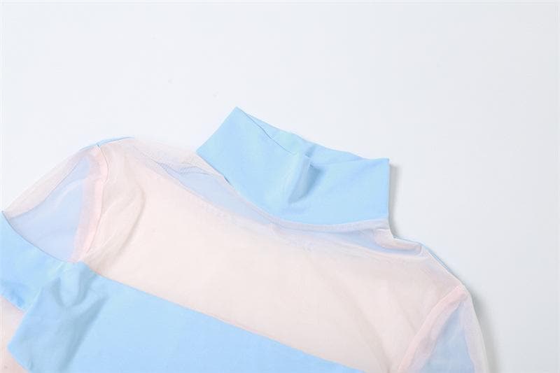 Body a collo alto e maniche lunghe in rete con patchwork a contrasto 
