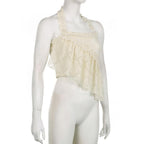 Halter irregular lace backless see through ruffle solid top