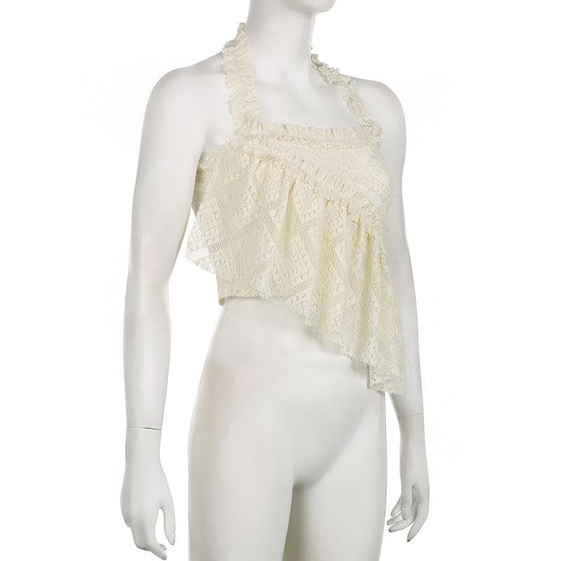 Halter irregular lace backless see through ruffle solid top