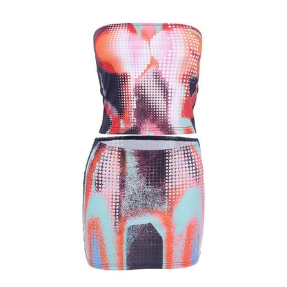 Polka dot contrast print backless tube mini skirt set