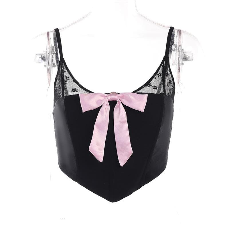 Top corto con scollo a U e schiena scoperta in pizzo patchwork con fiocco 
