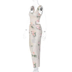 Square neck sleeveless flower print ruched slit maxi skirt set