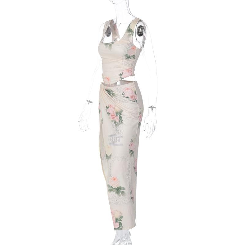 Square neck sleeveless flower print ruched slit maxi skirt set