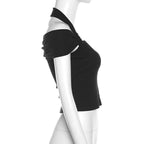 Halter ruched off shoulder solid backless top