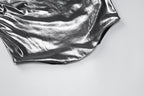 Top corto con scollo a cappuccio e maniche a cappuccio metalliche arricciate