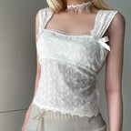 Textured lace hem bowknot zip-up cap sleeve solid top