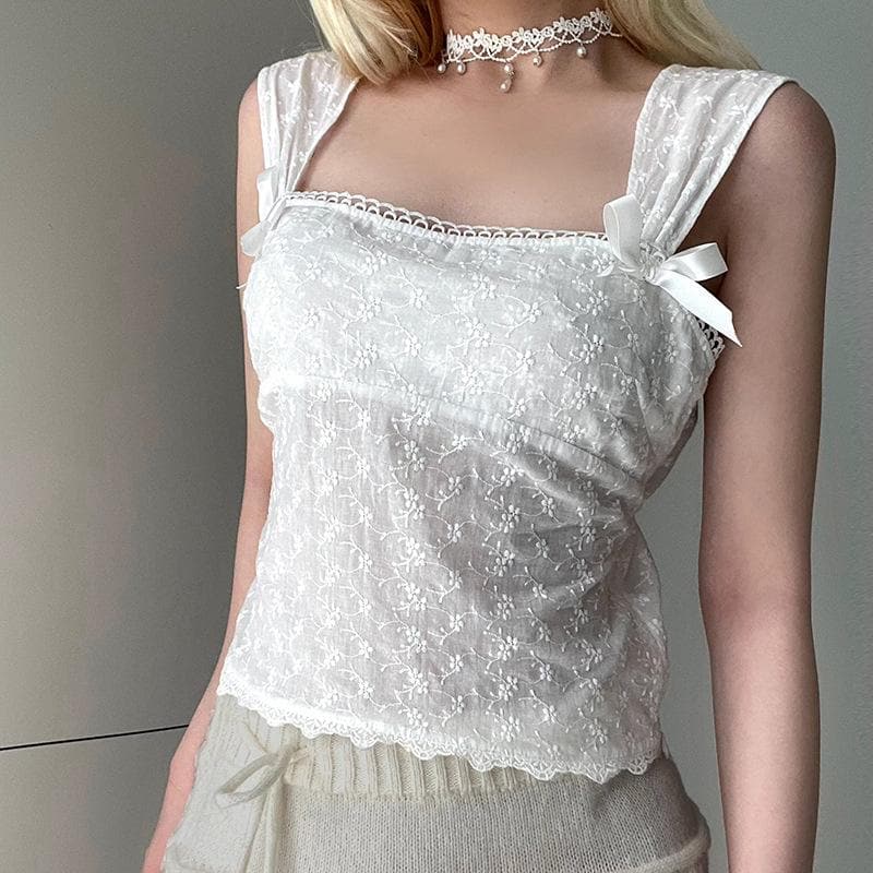Textured lace hem bowknot zip-up cap sleeve solid top