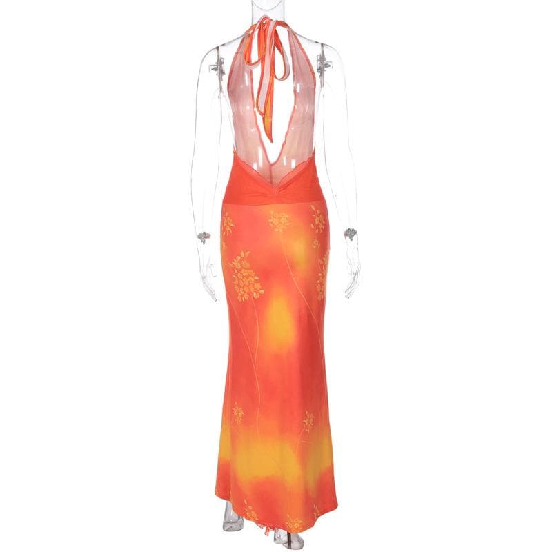 Ruched backless halter self tie v neck slit tie dye maxi dress