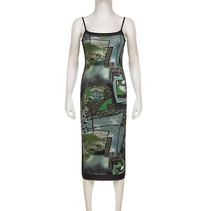 Abstract Print Contrast Square Neck Backless Cami Midi Dress