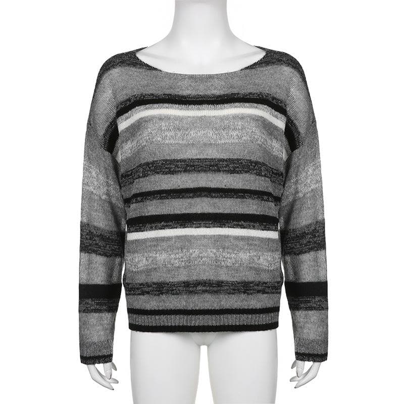 Long sleeve contrast striped knitted round neck top - Final Sale