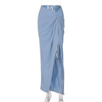 Ruched slit irregular solid ribbed maxi skirt