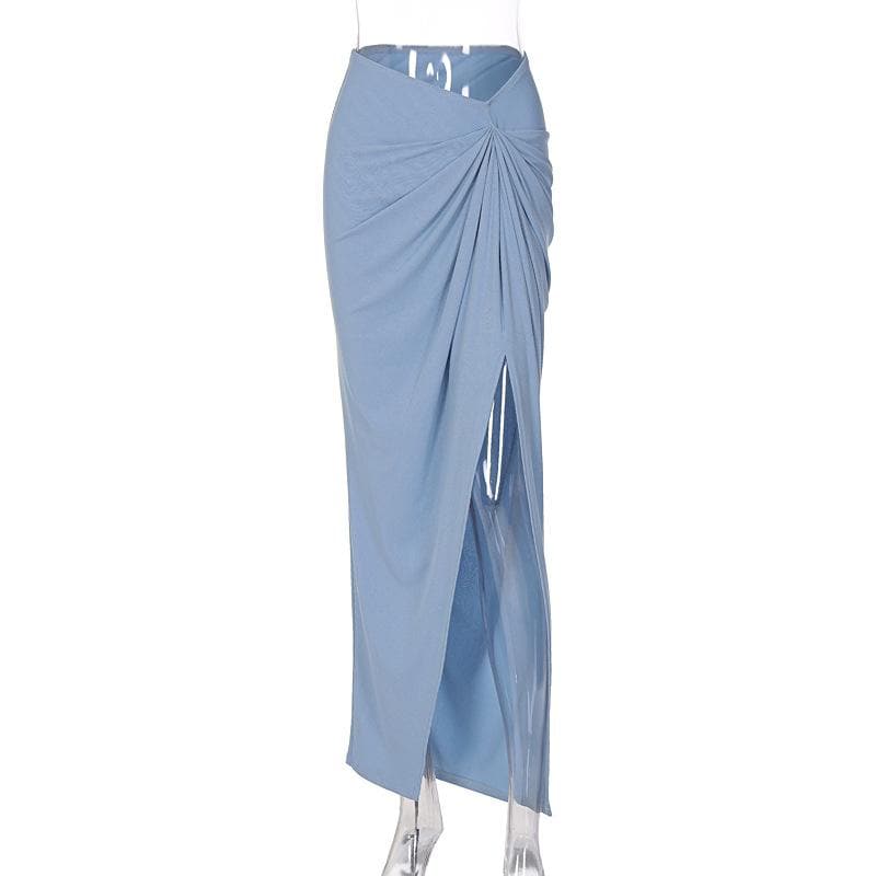 Ruched slit irregular solid ribbed maxi skirt