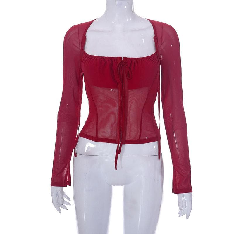 Top corto a maniche lunghe con scollo quadrato e coulisse in rete con bottoni