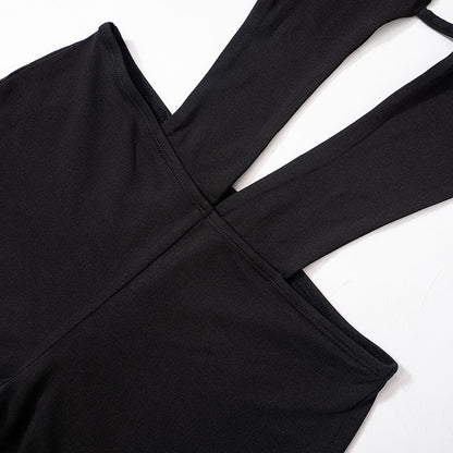 Hollow out solid halter backless self tie romper