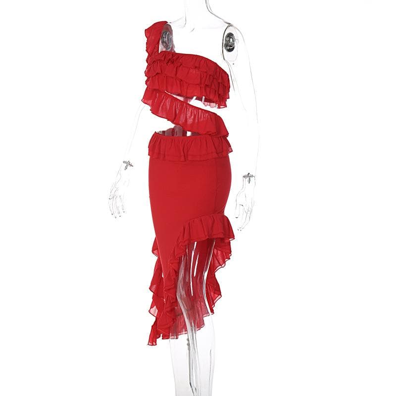 Irregular one shoulder ruffle backless solid midi skirt set