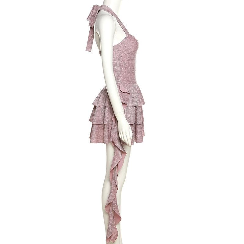 Solid halter textured pleated self tie backless mini dress