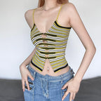 Knitted striped contrast hollow out cross front 2-way cami crop top