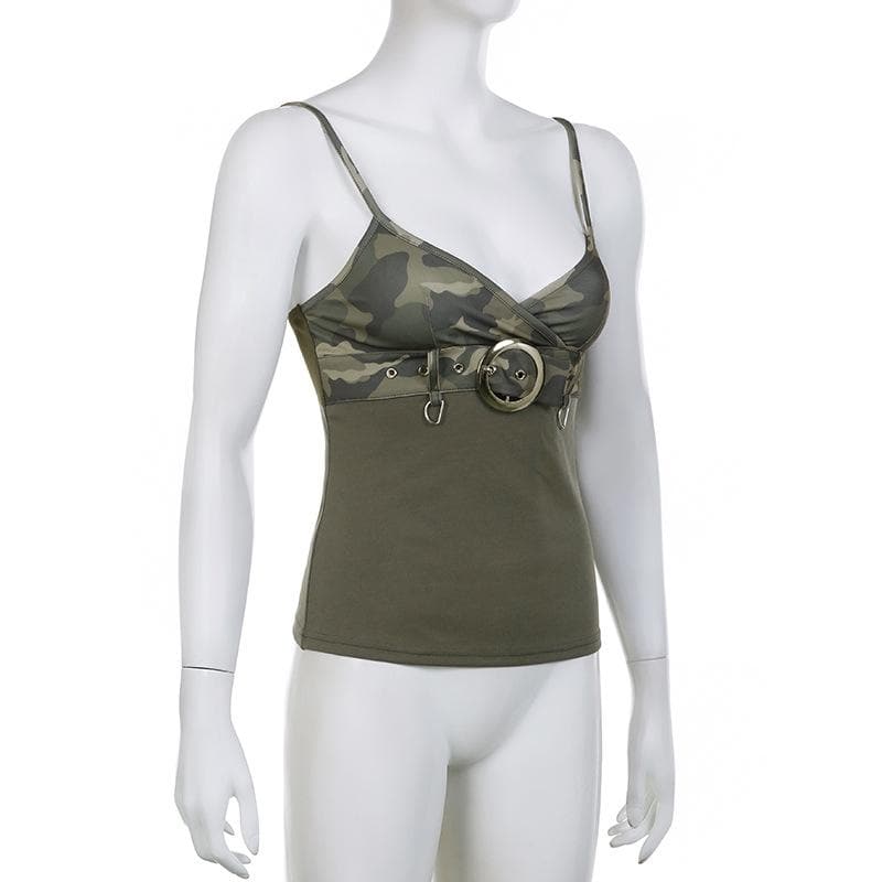 Contrast camouflage print v neck buckle cami top